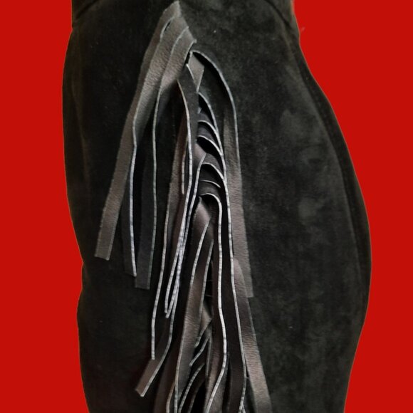 Vintage 90s Black Fringed Suede Mini Skirt Size S Western Rocker Grunge Indie - Picture 4 of 10